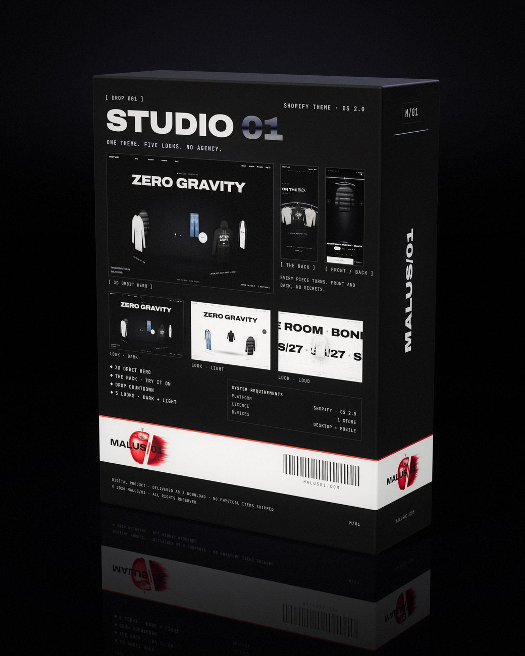STUDIO 01 Shopify theme — box, back with the main features